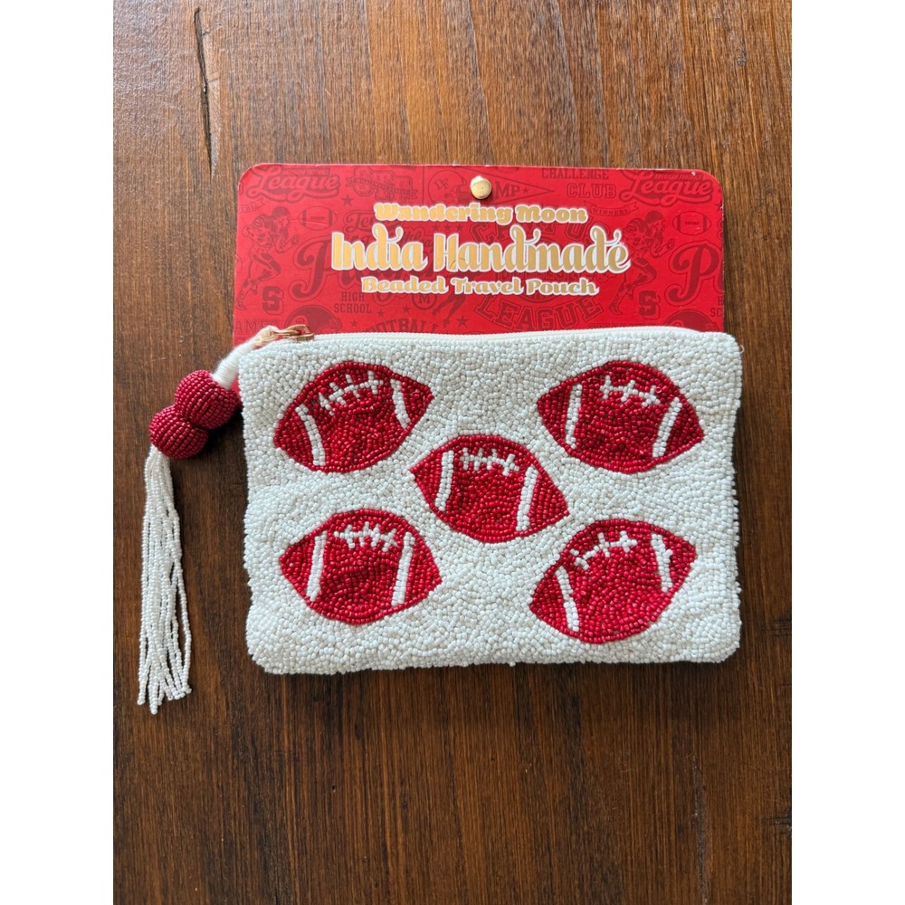 India Handmade Beaded Football Clutch Pouch With Tassel Red White NWT